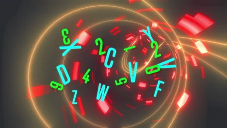 animación de números y letras cambiando sobre un túnel brillante