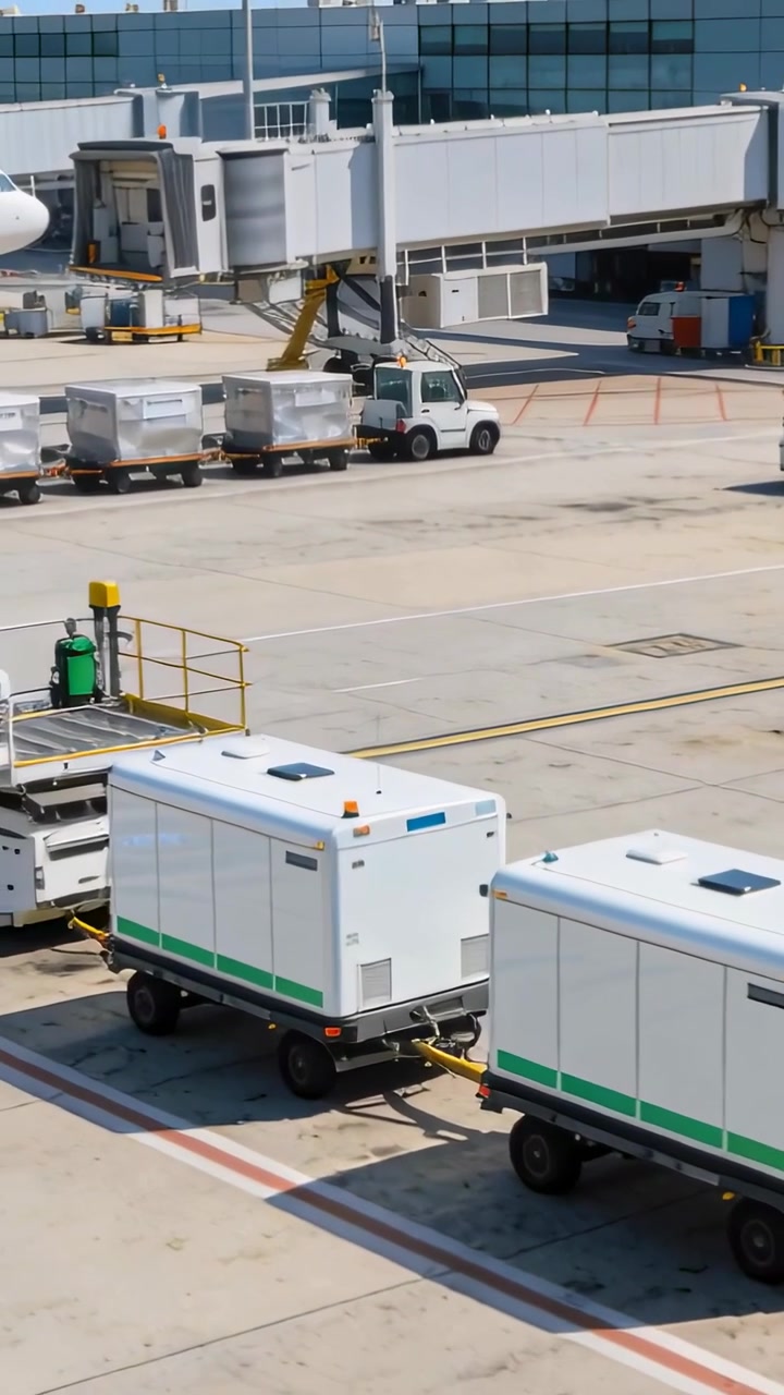 Vertical video: Starting parked, white tug pulling two green containers at gate, moving cargo