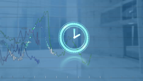 animación de reloj en movimiento y procesamiento de datos diversos en la oficina en segundo plano