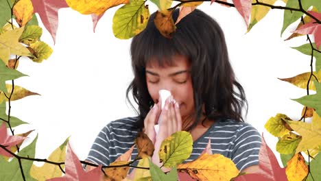 frame of leaves and woman suffering from allergy sneezing 4k