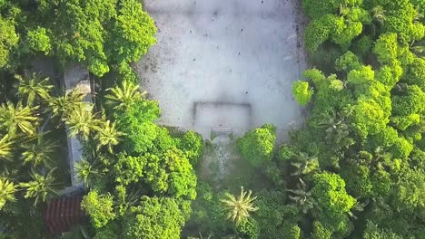 aerial flight over football field and forest on island in malaysia, full shot moving forward in slow motion