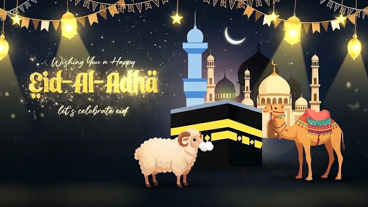 Eid Al Adha banner animation with Kaaba sheep camel mosque skyline lanterns and crescent moon festive artwork