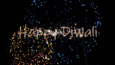 Colorful-fireworks-exploding-over-happy-diwali-text-against-black-background