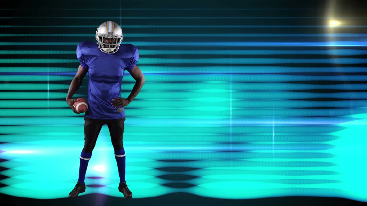 Giocatore di football americano che tiene la palla su scie luminose