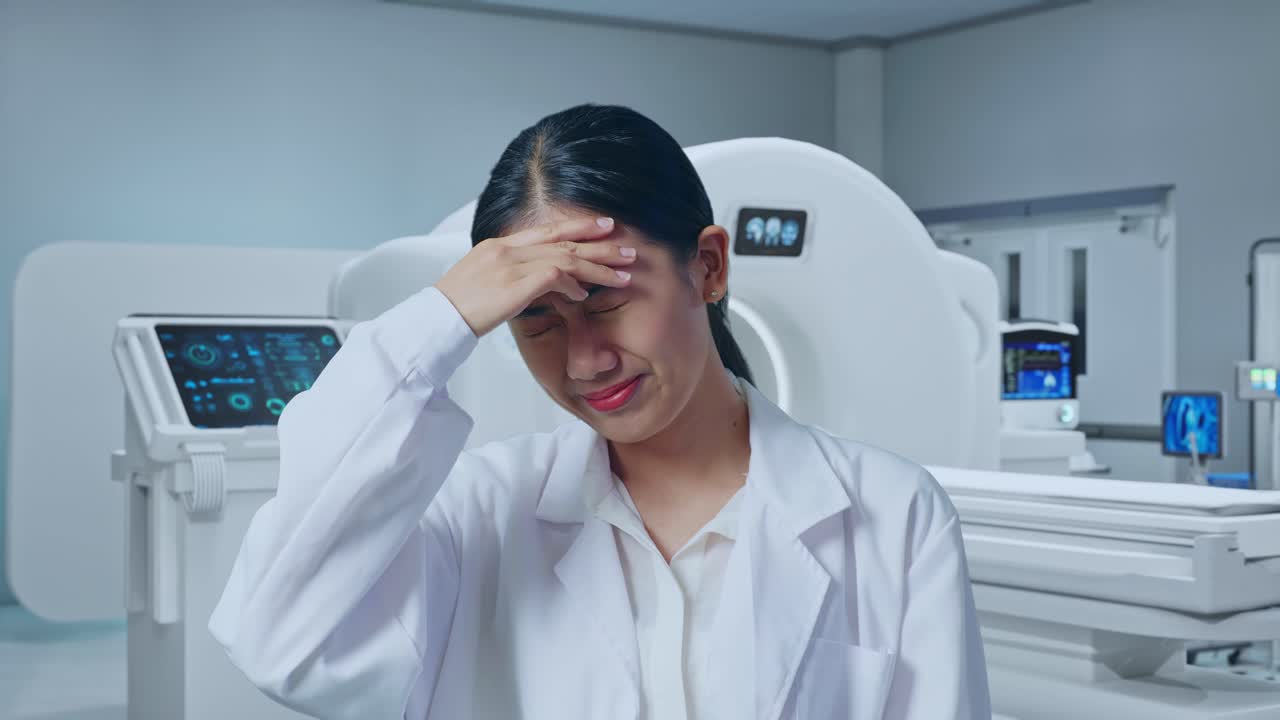 Close Up Of Asian Woman Doctor Having A Headache While Standing With Mri Machine In The Hospital
