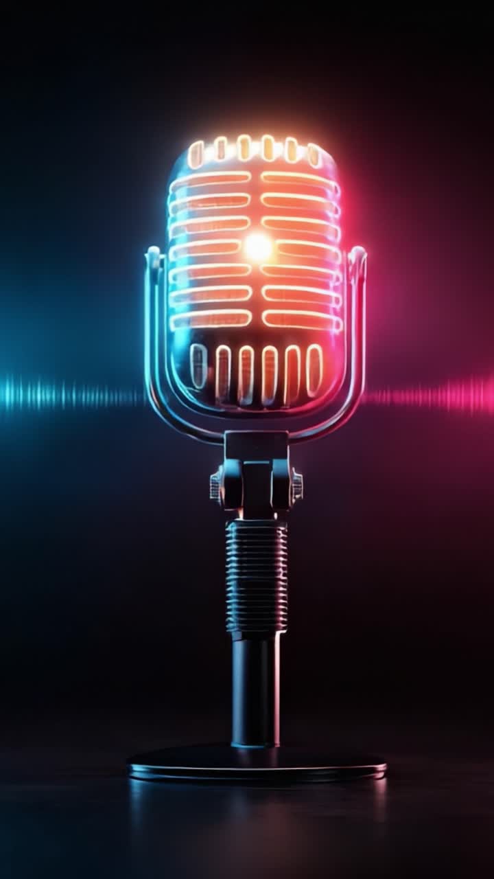 Un Primo Piano Mozzafiato di un Microfono Retrò con Illuminazione Colorata e Sfondo di Onde Audio, Perfetto per gli Appassionati di Musica e Trasmissioni