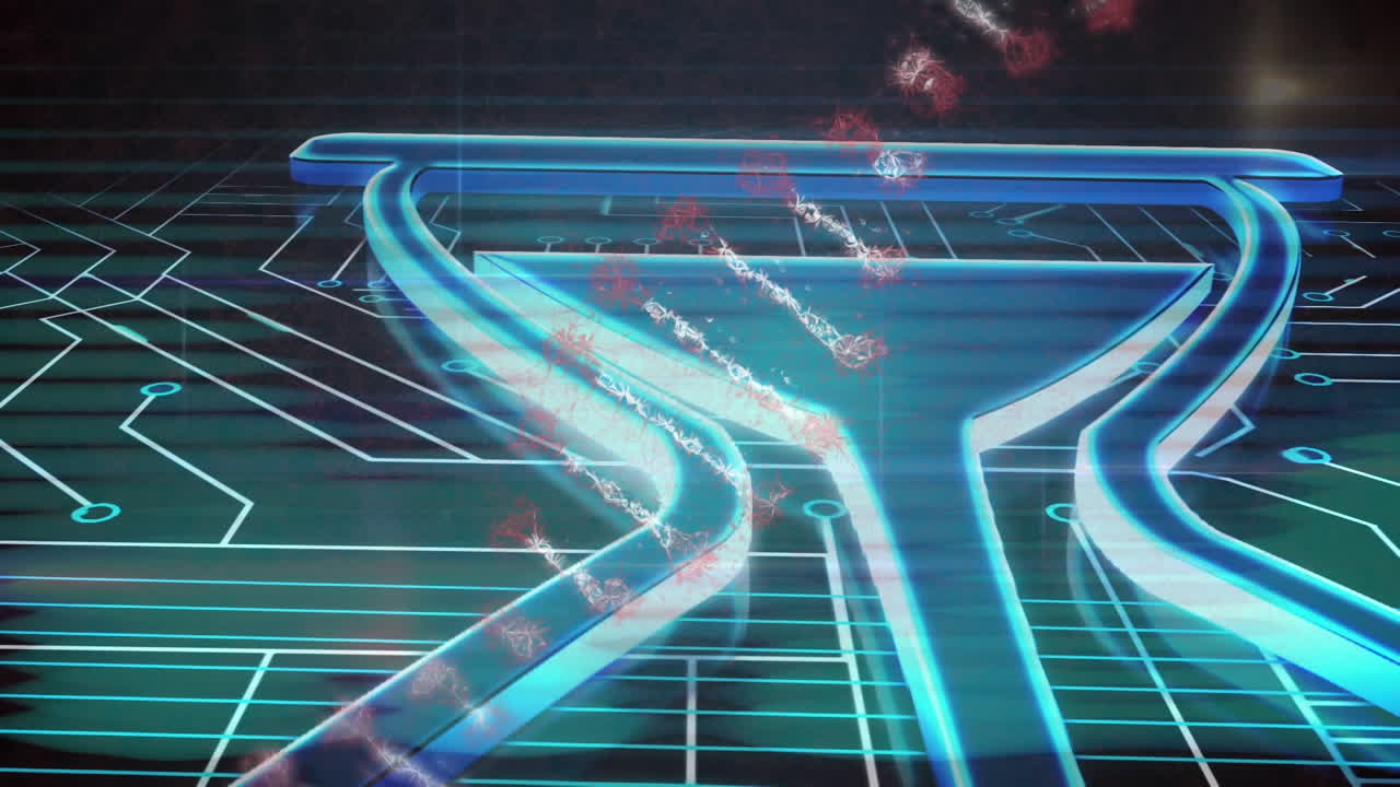 검은 바탕에 컴퓨터 회로와 모래시계 아이콘 위에 손을 돌리는 시계의 애니메이션