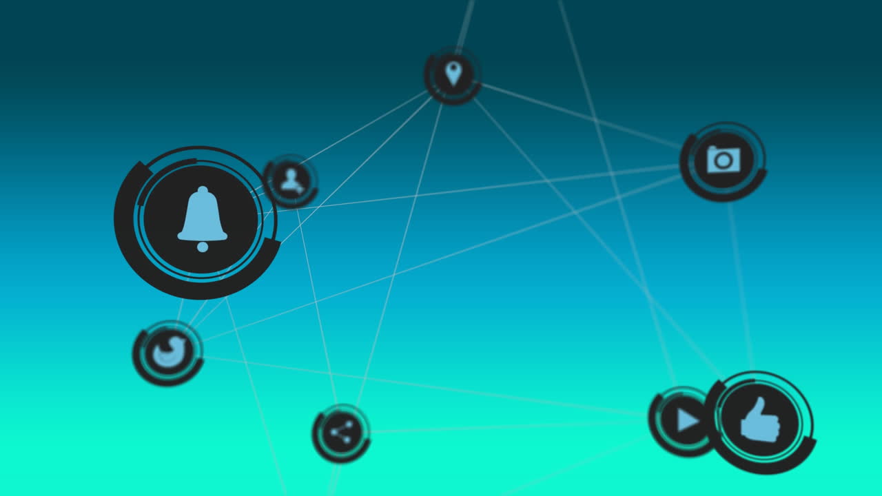 Animazione di una rete di connessioni con icone social su sfondo blu