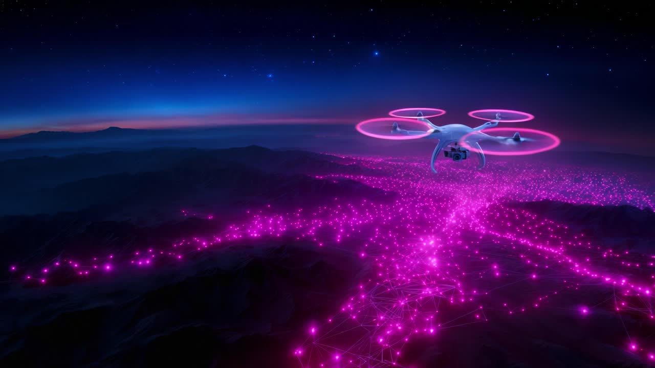 Aerial Drone Illuminating a Futuristic Landscape with Bright Pink Network Lights Against a Starry Sky, Showcasing Advanced Technology in Flight and the Connectivity of Modern Digital Environments
