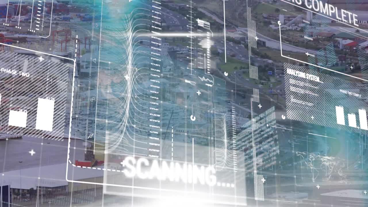 Animation of digital screen with diverse data and graphs processing over road traffic