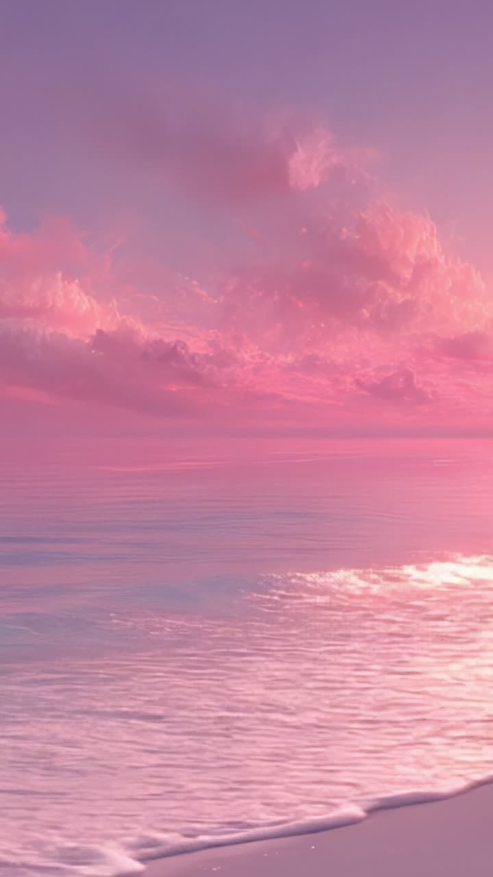 Un Incantevole Crepuscolo sulla Costa: Una Splendida Scena Costiera con Cieli Rosa Lussureggianti e Onde Delicate che Riflettono i Sereni Colori del Tramonto