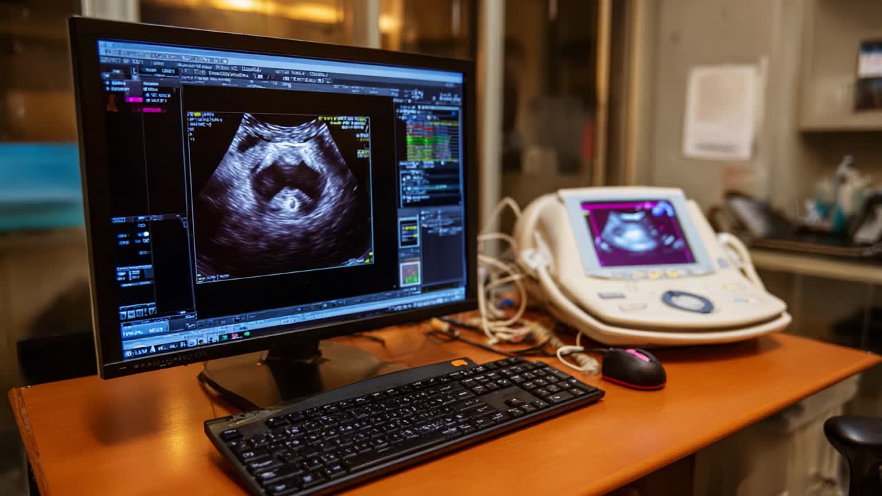 Quest'immagine mostra due fotogrammi in ambito medico con apparecchiature per ecografie, che visualizzano immagini dettagliate dello sviluppo fetale, sottolineando l'importanza e la complessità della diagnostica prenatale nel settore sanitario.