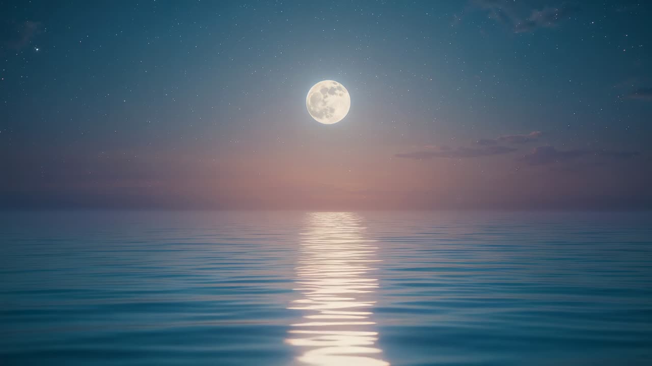 Full moon casting silver beam at open sea at night, with waves causing shimmering reflection