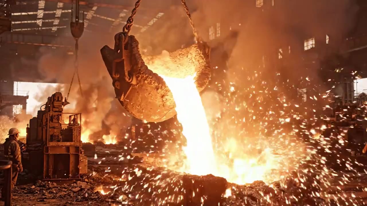 Dramaattisia kohtauksia sulan metallin valamisesta teollisuusvalimossa: Nestemäisen metallin voimakas virtaus valaisee pimeän työtilan ja esittelee valmistusprosessien taidokkuutta