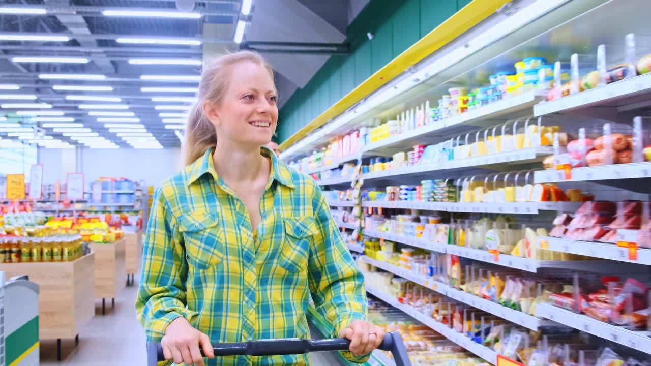 A woman in a grocery store contemplates her choices while shopping, surrounded by various food products and organized aisles, highlighting a modern shopping experience