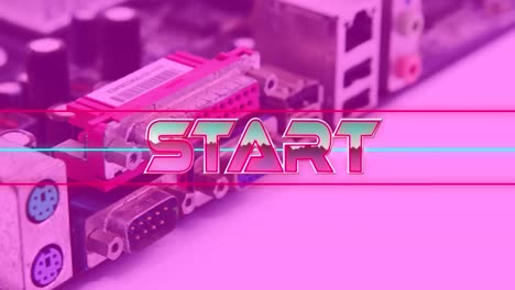 Animation-of-start-in-pink-metallic-letters-over-computer-circuit-board-on-pink-background