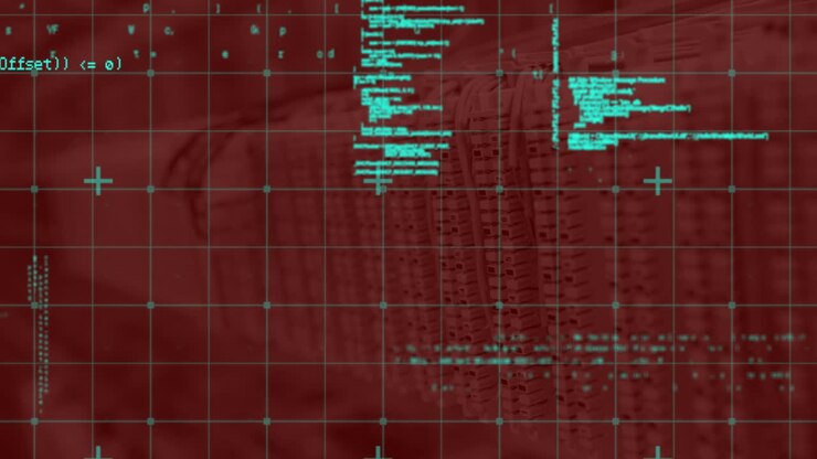 Animation of grid pattern and programming language, numbers over electronic sockets in background