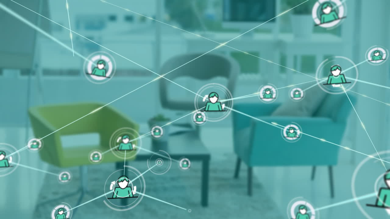 red de conexiones y animación de procesamiento de datos en un entorno de oficina moderno