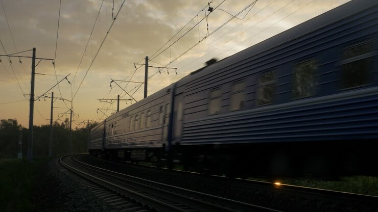 Train going through the rural area at sunset