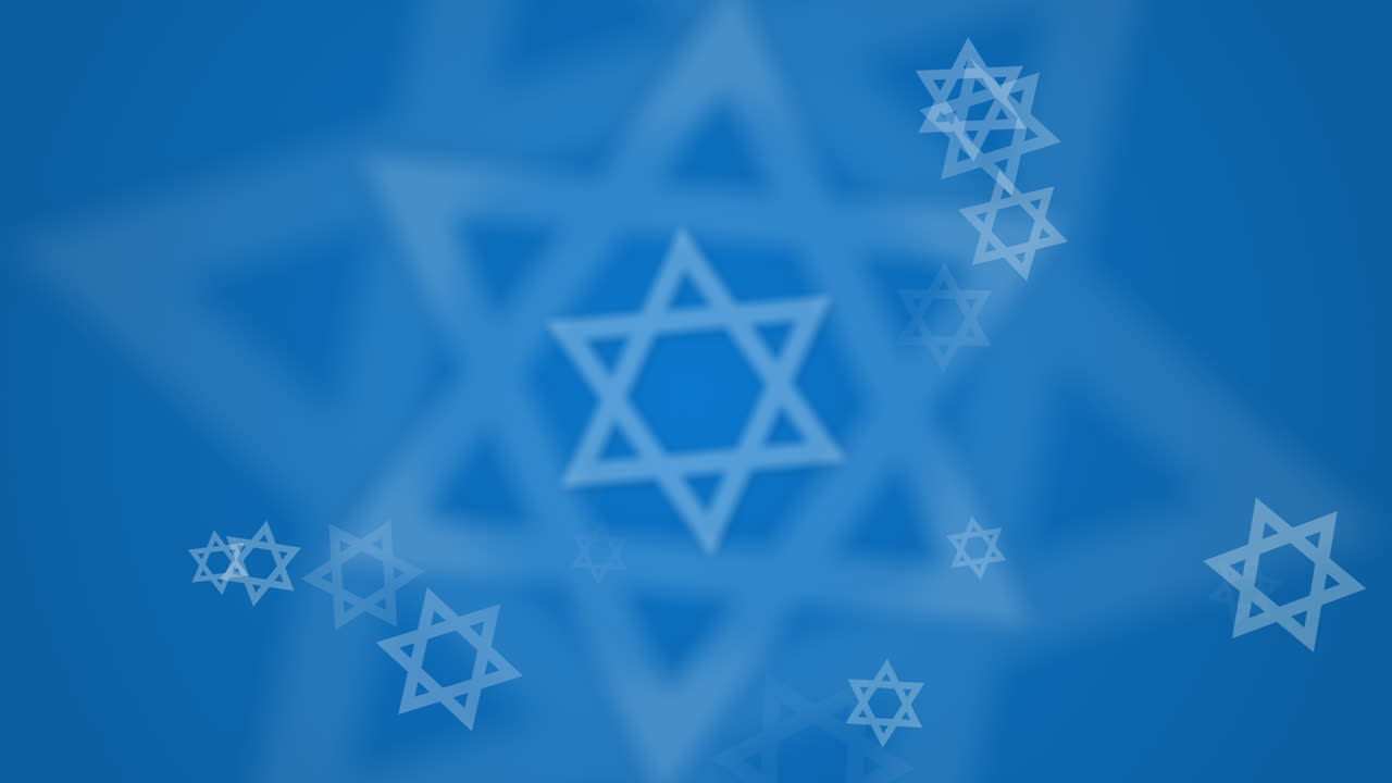 Rotating white figures of the Star of David on a blue background. Jewish religious symbols. Looped motion graphics.