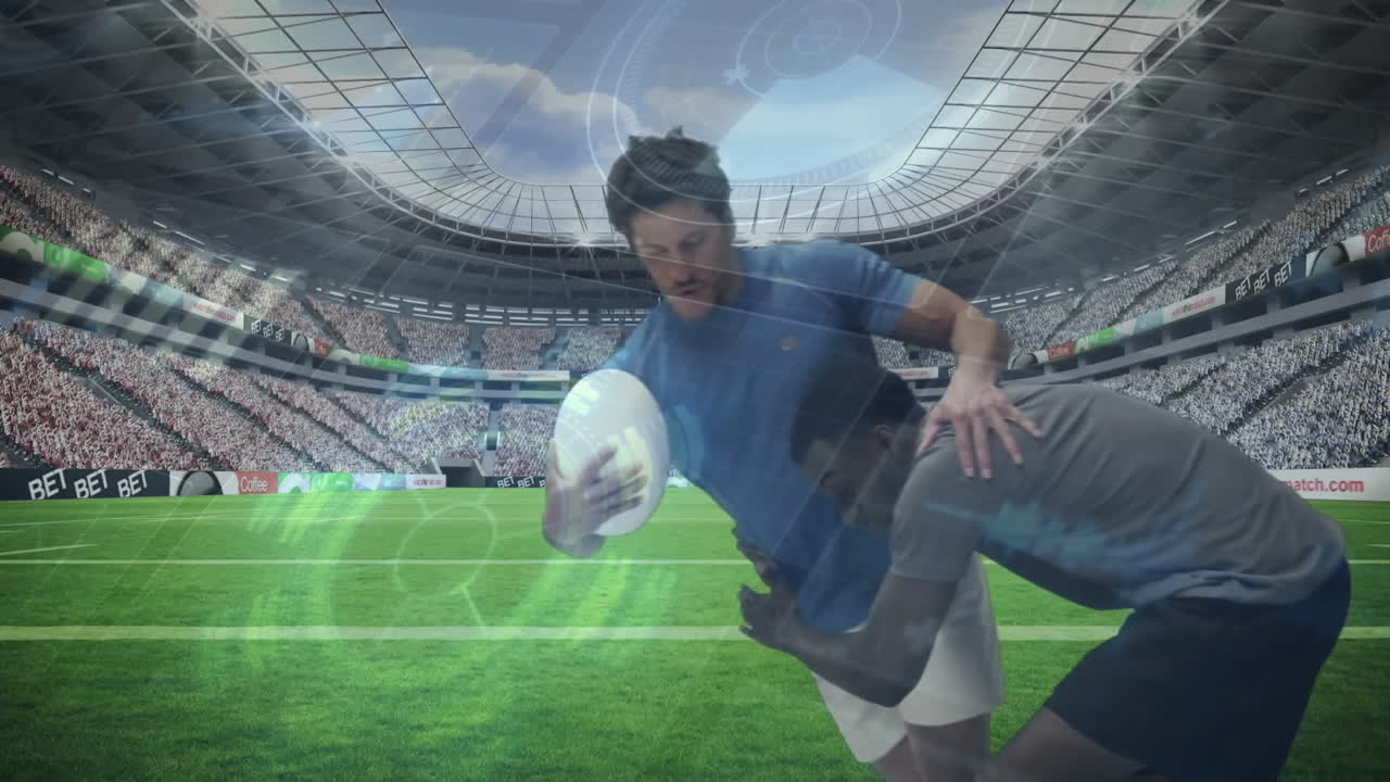 male rugby player holding ball as opponent lunges on stadium pitch, with animated data overlays
