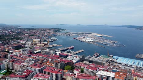 Spanish-city-of-Vigo-with-harbor-and-port,-cies-islands-across-ocean