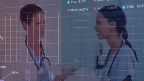 Animation-of-data-processing-over-diverse-female-doctors-talking