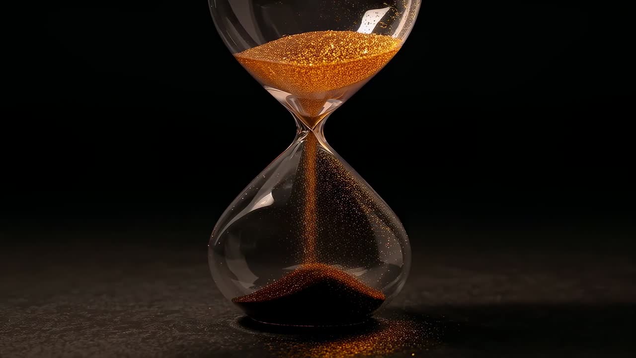 Streaming gold sand through neck in glass hourglass on dark tabletop, gravity causing conical pile
