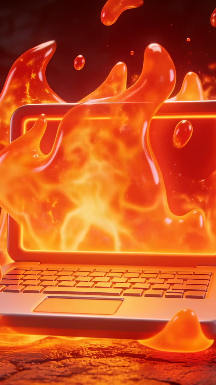 Vertikal video: Animeret laptopskærm, flammer stiger op, spilder ud på tastaturet, dråber falder