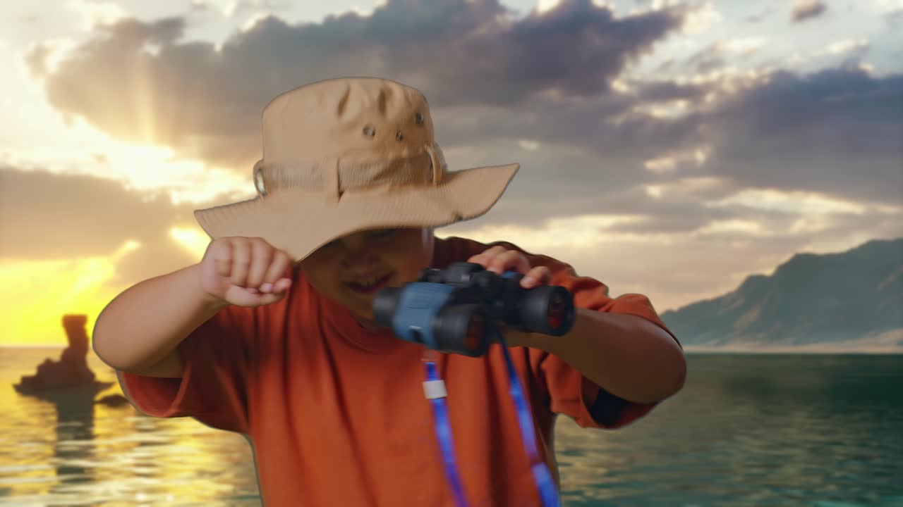 Niño asiático con sombrero bailando tras mirar por los prismáticos. Niño investigador examinando algo en la playa, concepto de aventura de turismo de viajes, primer plano