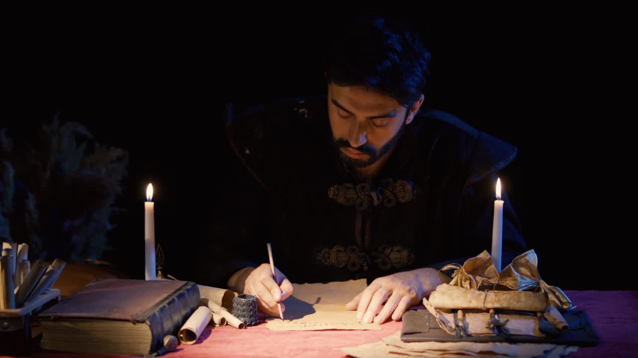 역사적인 장소에서 오래된 물건의 사용. 오래된 편지 쓰기.