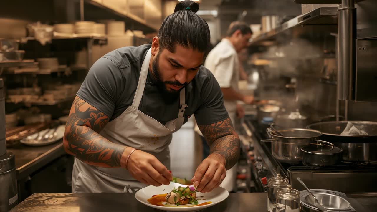 Posizionamento di microgreens, chef maschio in T-shirt grigia e grembiule bianco che rifinisce il piatto dopo l'arrivo del piatto bianco