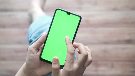 person holding smartphone with green screen