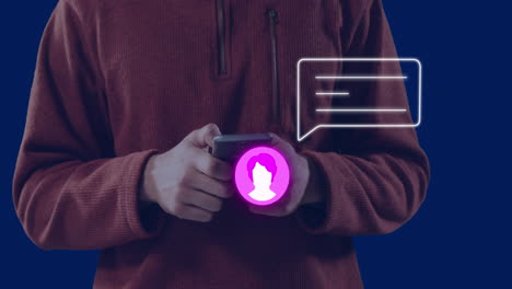 animation of neon profile and message icon against mid section of man using a smartphone