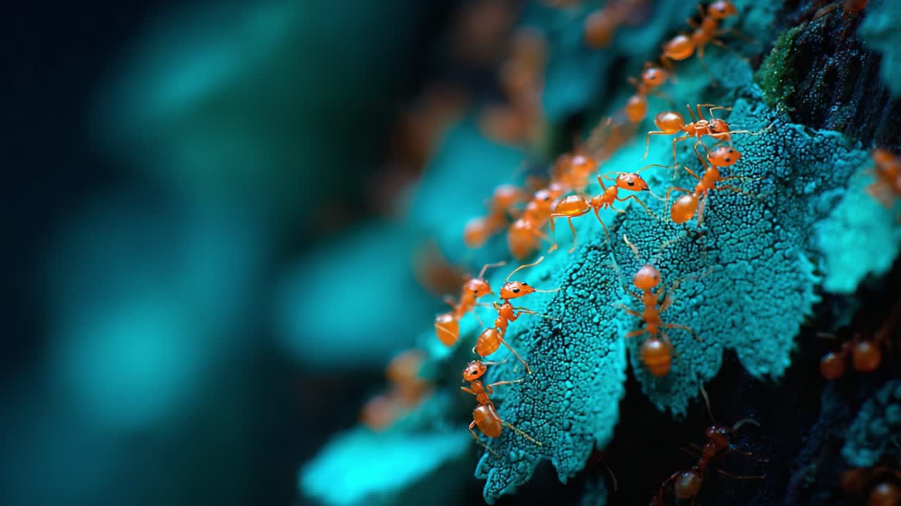 A Close-Up Exploration of Vibrant Orange Ants Navigating a Lush, Textured Green Leaf Surface in Their Natural Habitat, Captured in Stunning Detail