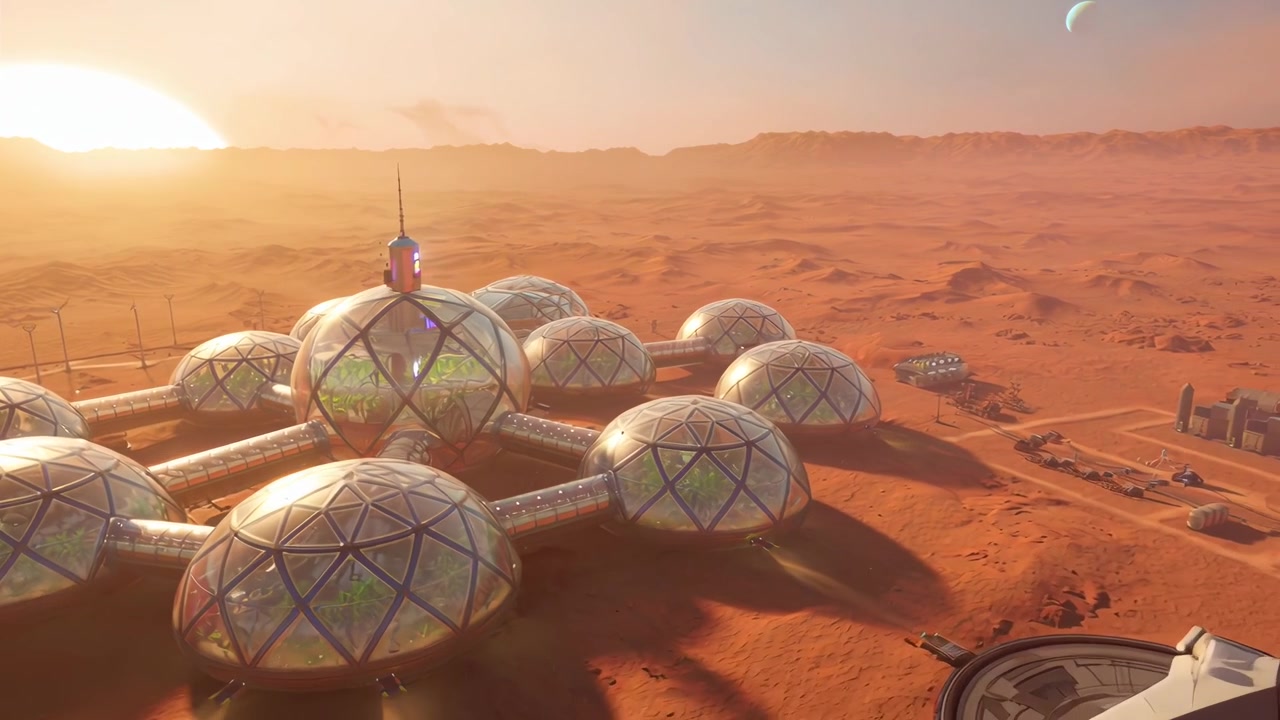 Base di colonia marziana futuristica con cupole di vetro sulla superficie del Pianeta Rosso