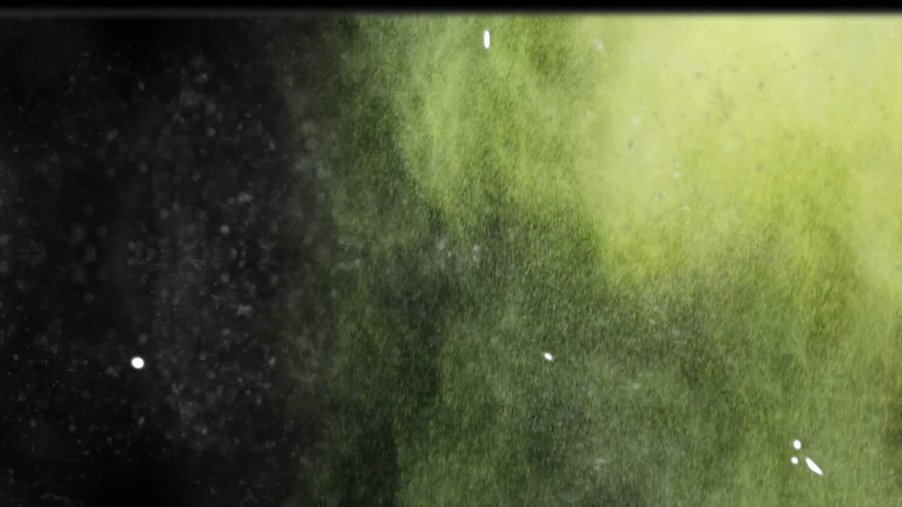 Fine green powder cloud being animated in scene, with smoky texture and white flecks