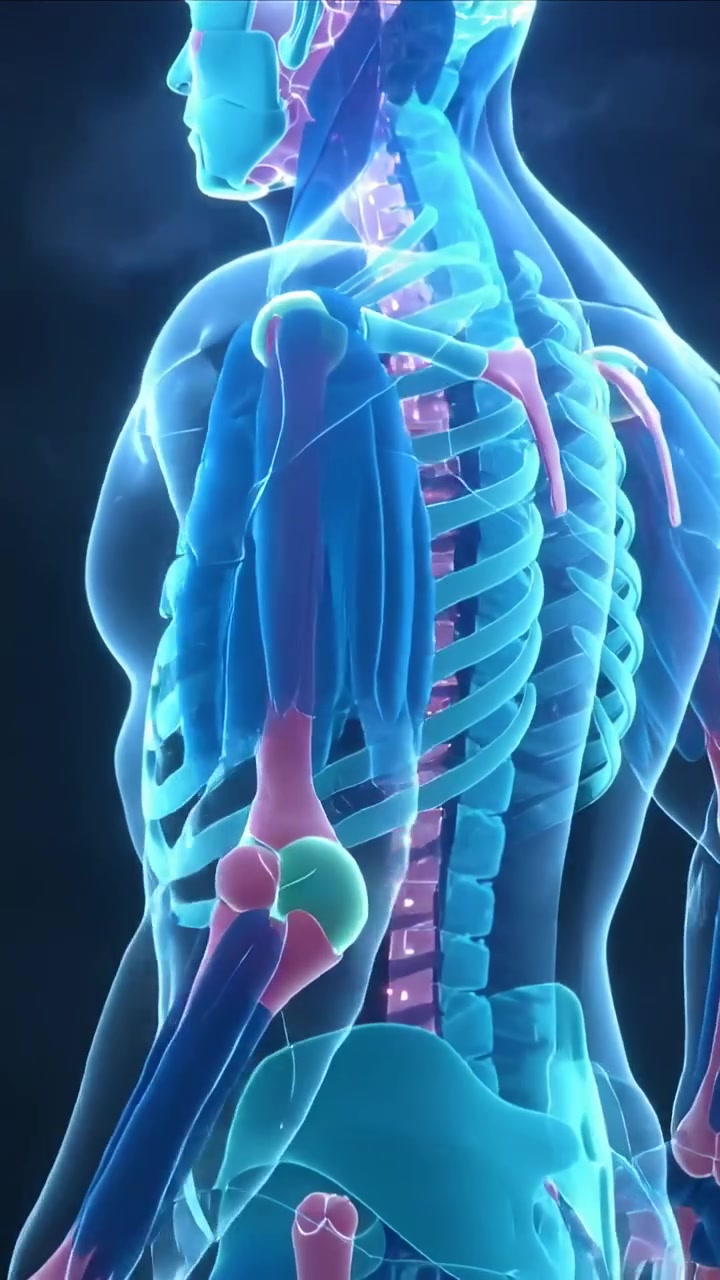 Video verticale: Modello di torso traslucido che orbita e ruota in uno studio mostrando i nodi della colonna vertebrale per lo studio