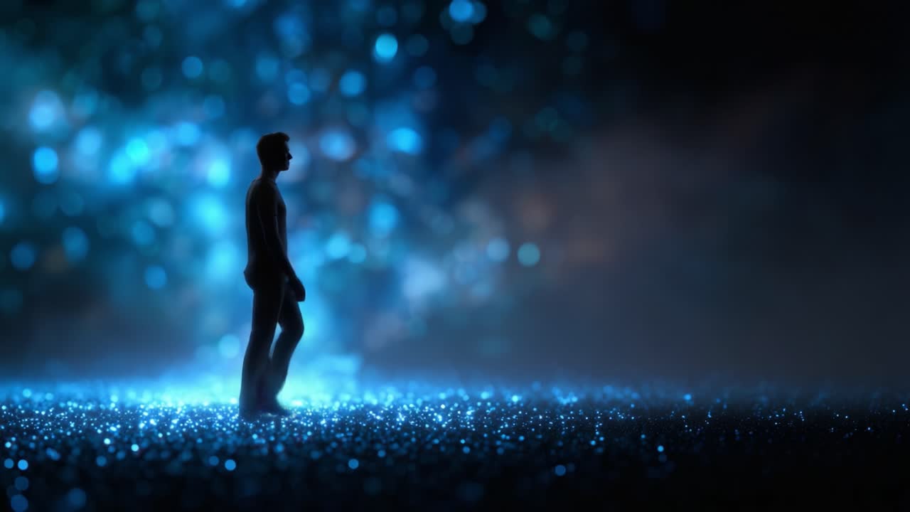 Una figura solitaria si erge in un regno affascinante e illuminato di luce blu scintillante, creando un'atmosfera serena e contemplativa di introspezione e meraviglia