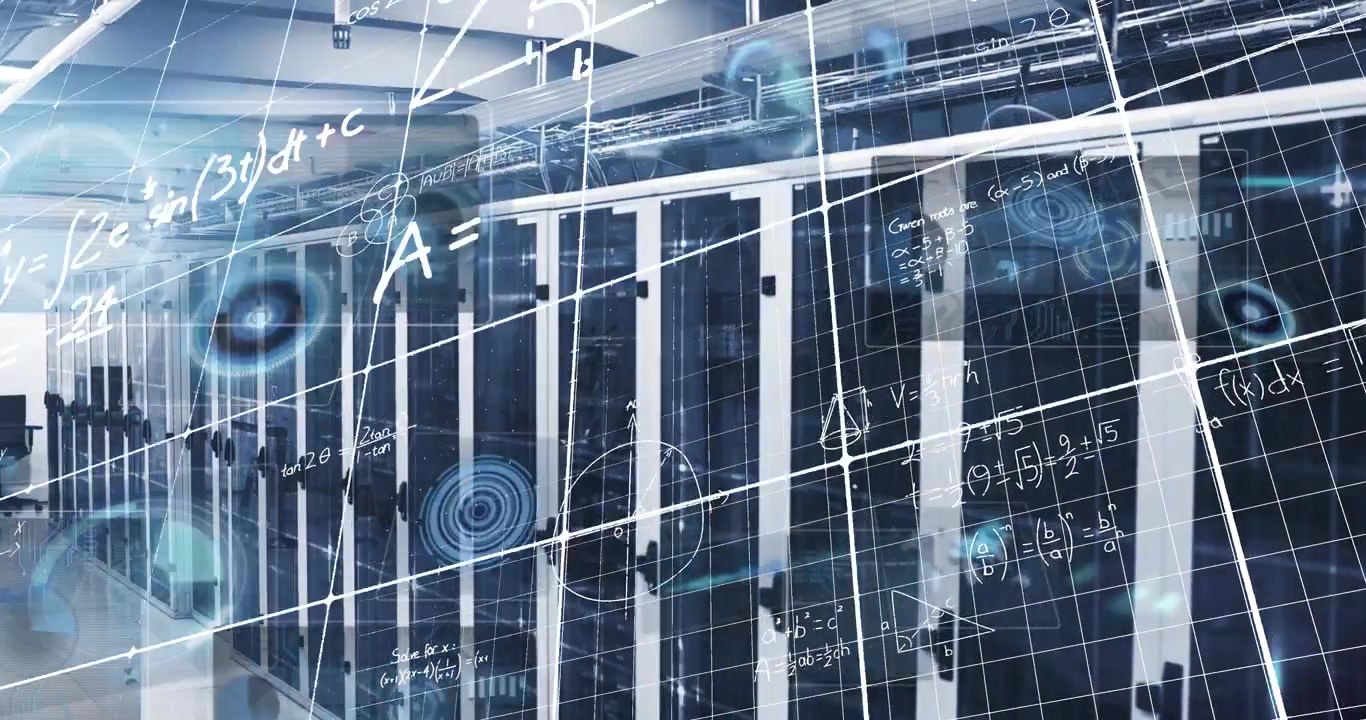 Animation of radars, infographic interface and mathematical equations over server room