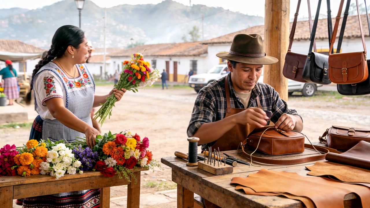 Florista aparando um buquê fresco, de blusa e avental para o mercado, enquanto um artesão costura uma bolsa.