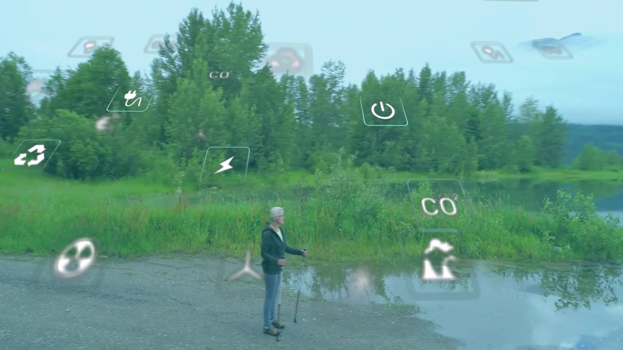 Hiker entering right with poles, walking and pausing, checking lake as climate icons overlapping