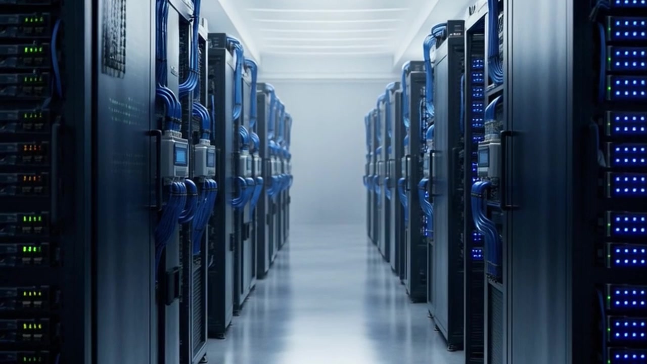Rader med serverrack i et moderne datasenter