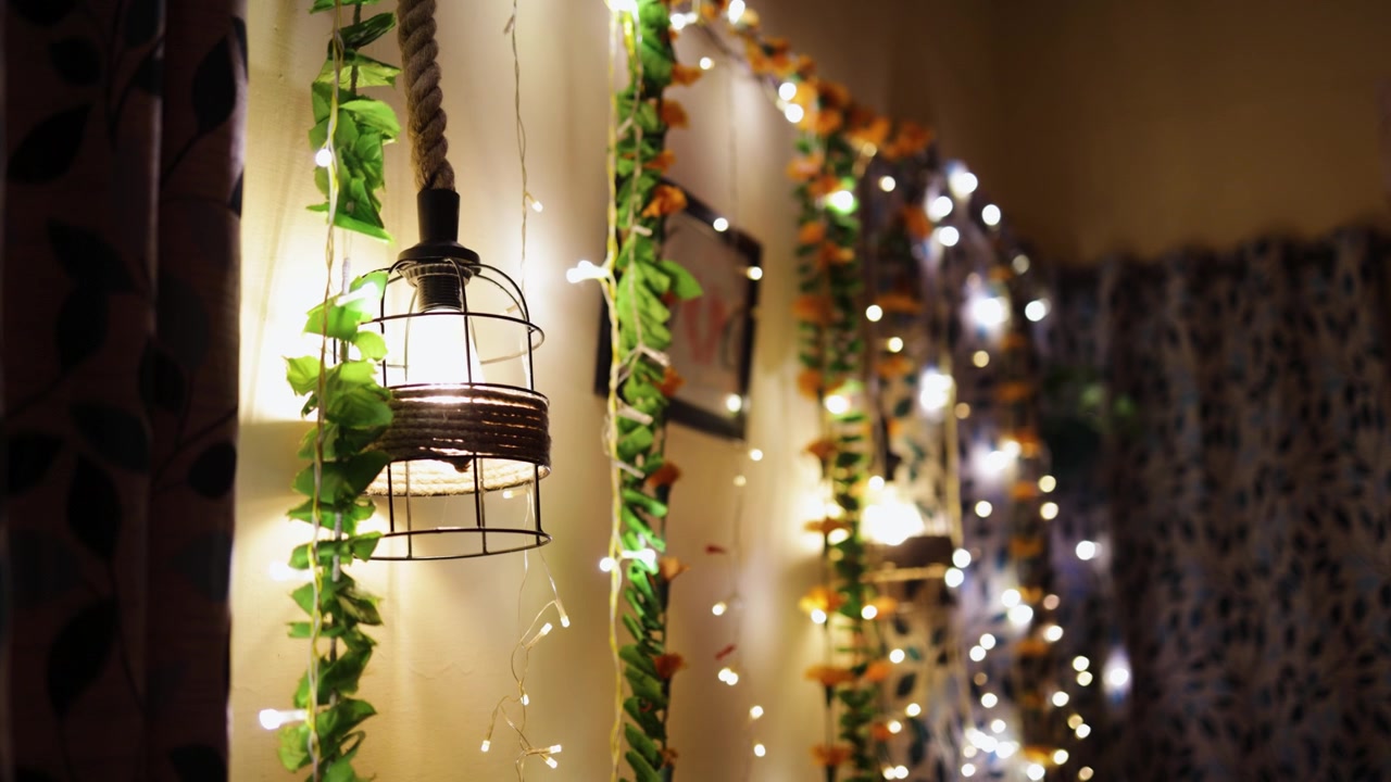 Rustic Hanging Lantern With Warm Fairy Lights Creating Cozy Home Interior Ambiance