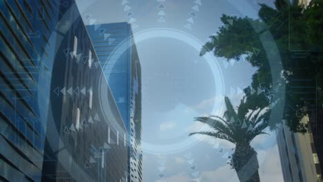 Animation-of-lines-and-arrows-in-circles-over-low-angle-view-of-modern-buildings-against-sky