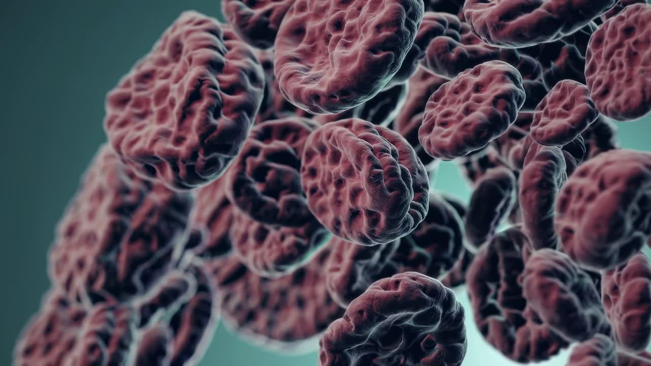 Close-up video of abstract organic forms, resembling cells, with a soft focus and teal lighting