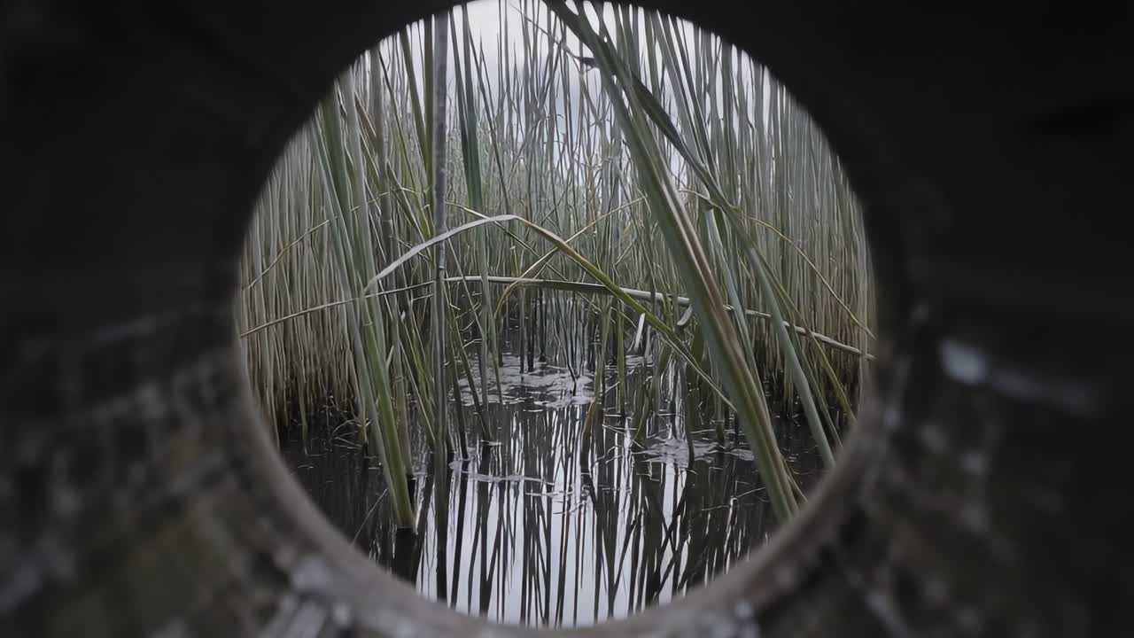 Telecamera che avanza rivelando canne fitte attraverso l'apertura di un tubo metallico, mostrando i riflessi della palude.