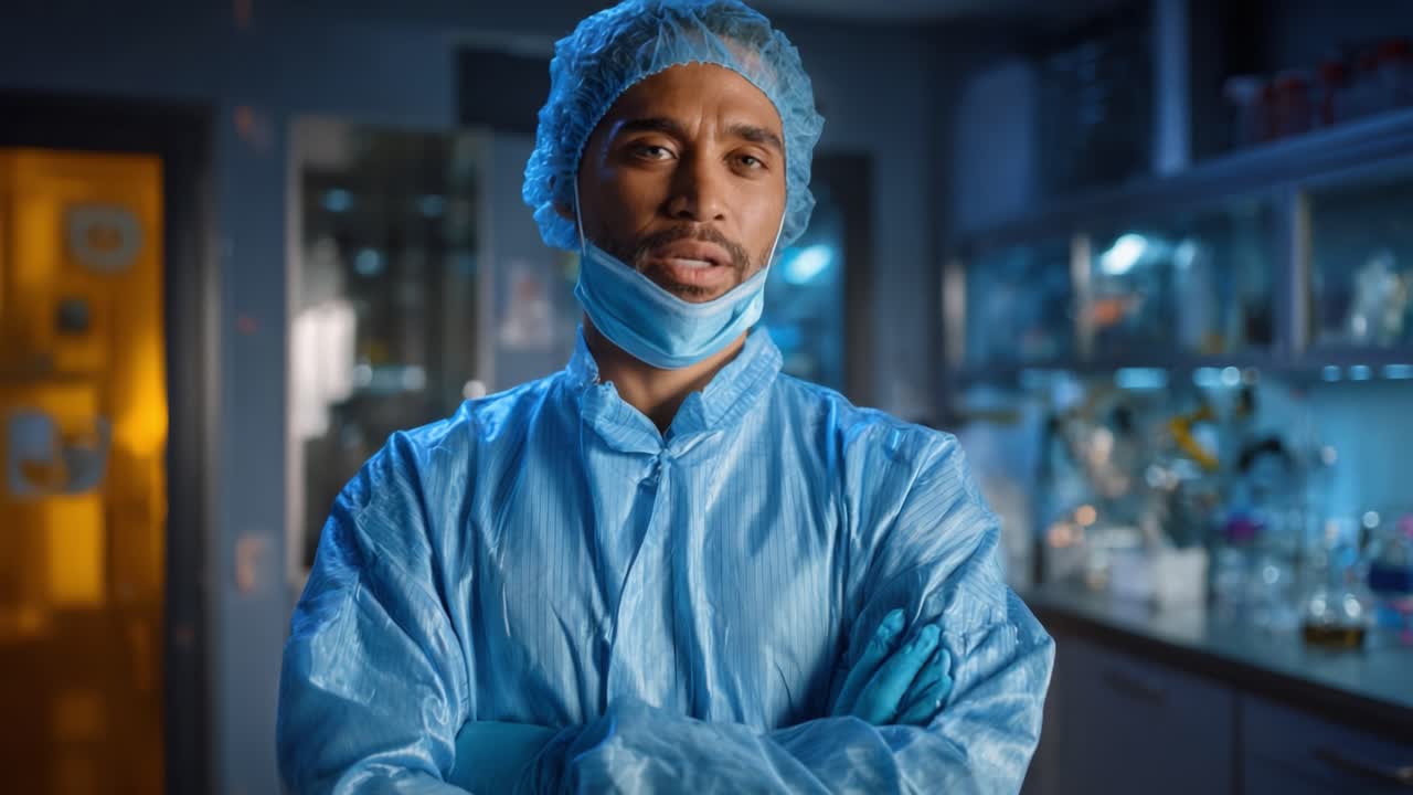 Profissional de saúde concentrado usando equipamento de proteção, reforçando a segurança no ambiente médico, destacando a precisão e o cuidado no tratamento de pacientes e em ambientes de pesquisa