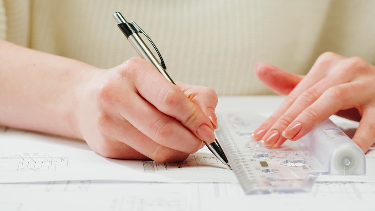A close-up of hands drawing on blueprints with a pen and ruler