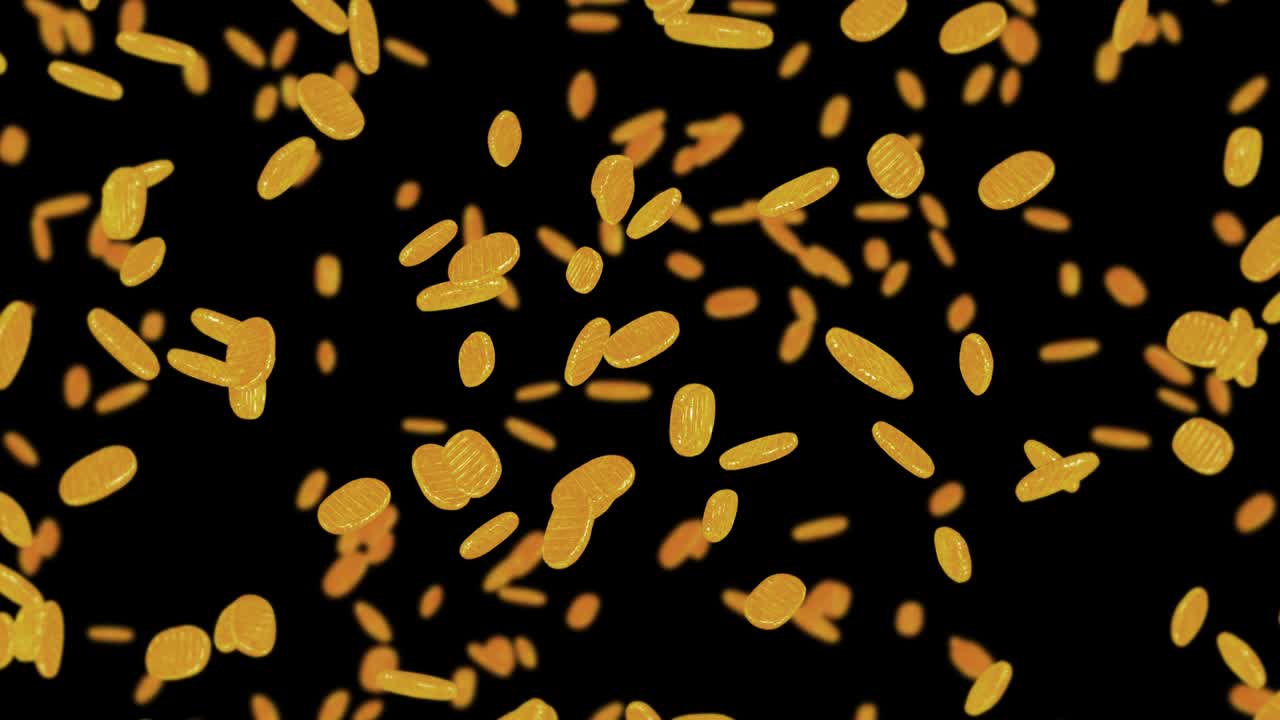 Flying many Koban coins on black background. Japanese oval golden coin. Money in Edo period. 3D animation of coin rotating. Loop animation.